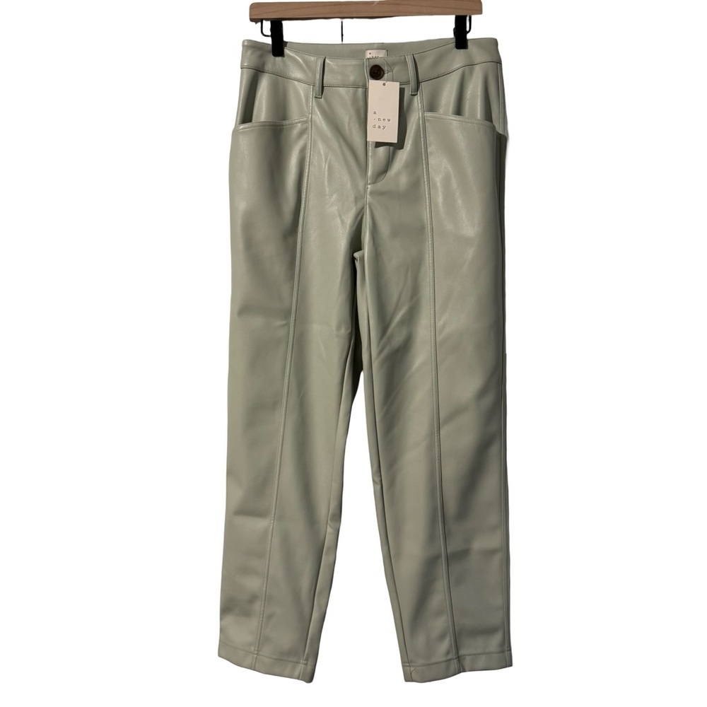 a new day Vegan Leather Green Trousers with Front Pleats - Picture 1 of 10